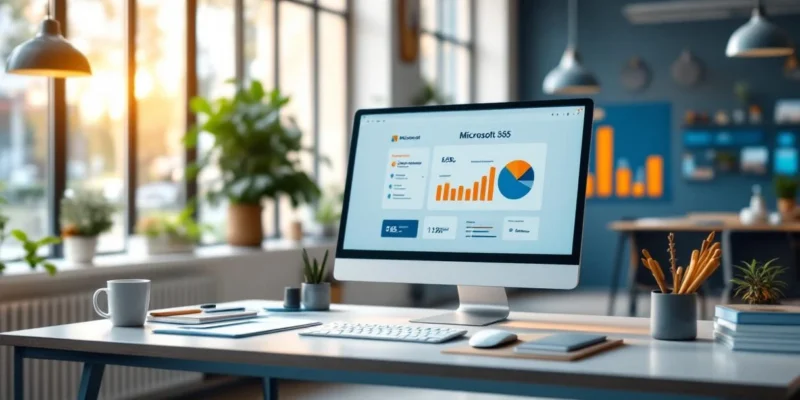Professionele werkplek met computer die Microsoft 365 dashboard toont, naast rekenmachine en kostenbesparingsgrafiek, met trainingsruimte op de achtergrond in blauwe en witte tinten.
