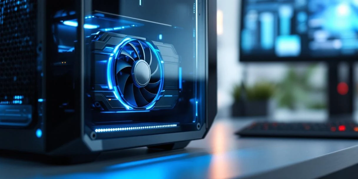 Modern high-end workstation met zichtbare GPU in transparante behuizing, omgeven door blauwe verlichting, professionele hardware-componenten en een minimalistisch beeldscherm op de achtergrond.
